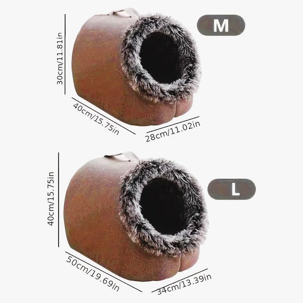 Comfortable and portable cat bed, warm and padded, with handle.