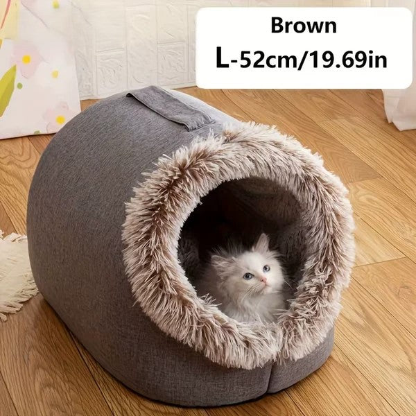 Comfortable and portable cat bed, warm and padded, with handle.