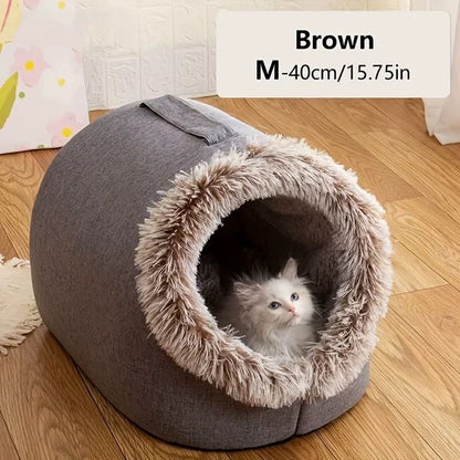 Comfortable and portable cat bed, warm and padded, with handle.