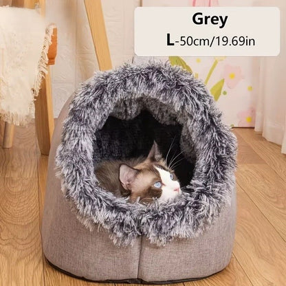 Comfortable and portable cat bed, warm and padded, with handle.