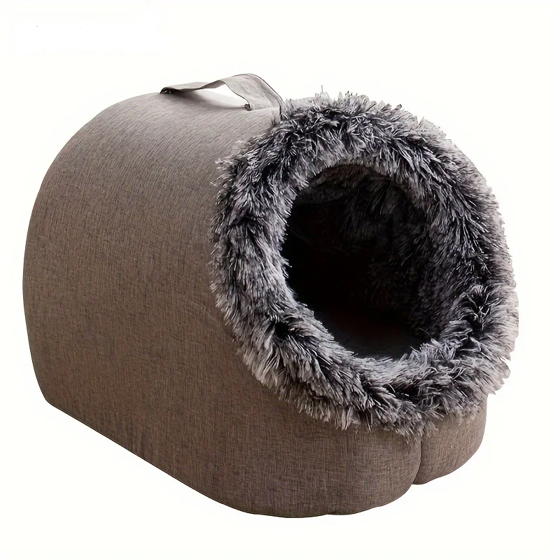 Comfortable and portable cat bed, warm and padded, with handle.