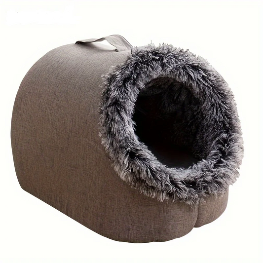 Comfortable and portable cat bed, warm and padded, with handle.